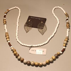 Ava Renee natural tones stone beads necklace & filigree leaf earrings - NWT -